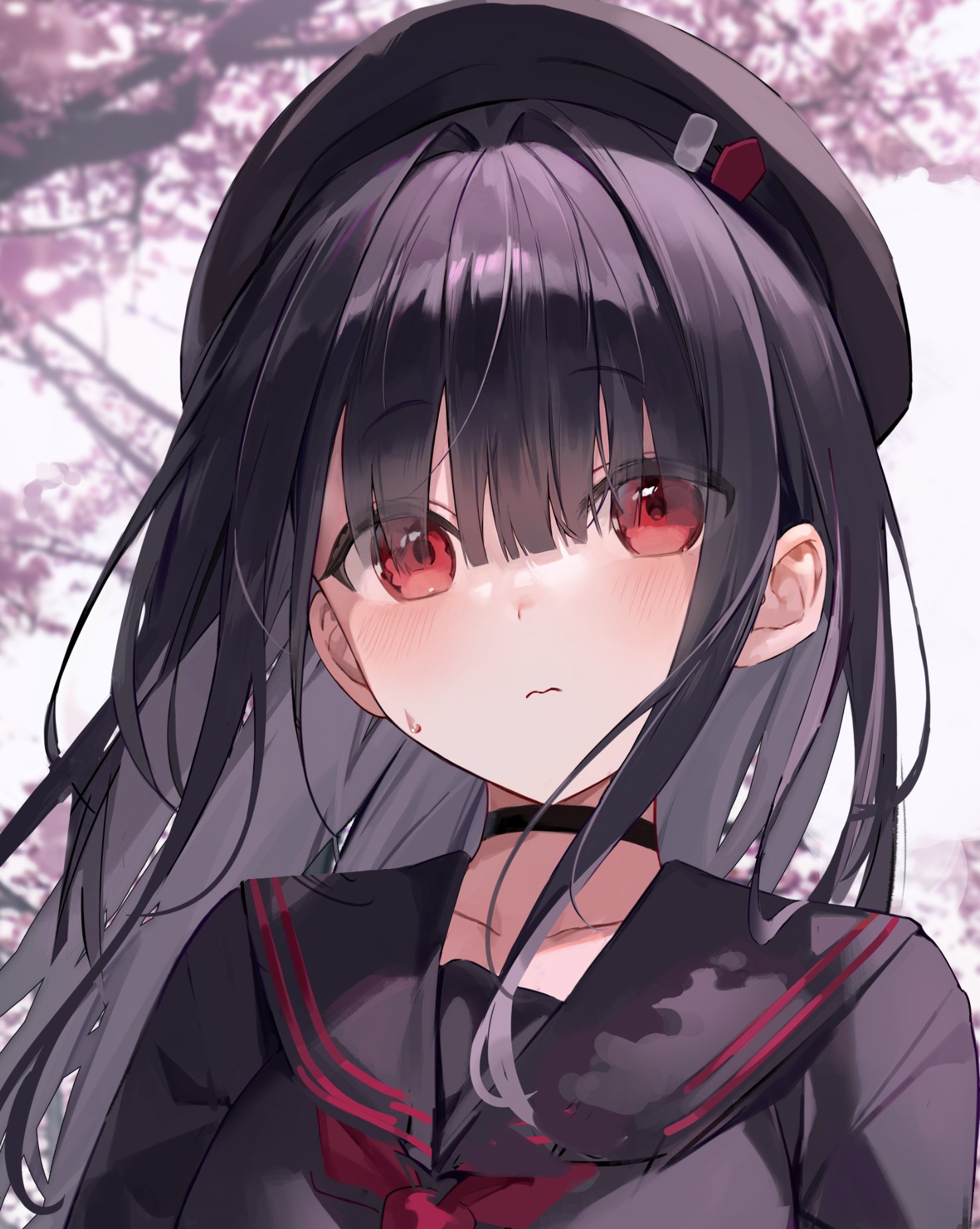 the image is a closeup digital illustration of an anime girl.  she has long, dark purpleblack hair with bangs, striking red eyes, and a slight blush on her cheeks. she's wearing a darkcolored sailorcollared school uniform with red accents and a darkcolored beret. her expression is somewhat serious or neutral. the background is blurry but appears to depict pink and white cherry blossoms, suggesting a spring or springtime setting. the art style is soft and detailed, with a focus on the character's features and expression.