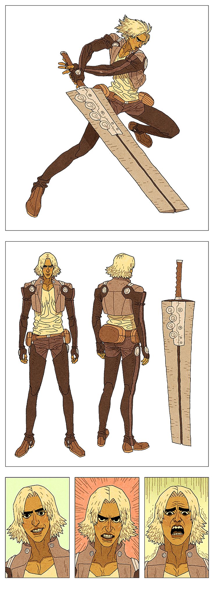 his image contains a character design sheet for a female anime/manga style warrior.  the sheet includes a dynamic action pose showing the character wielding a large sword, three different full body views (front, back, side), and three closeup headshots showing different facial expressions.  the art style is clean, with flat coloring and minimal shading.  the character's attire appears futuristic or fantasyinspired.  the design is detailed, showing various aspects of the character's costume and the sword's design.
