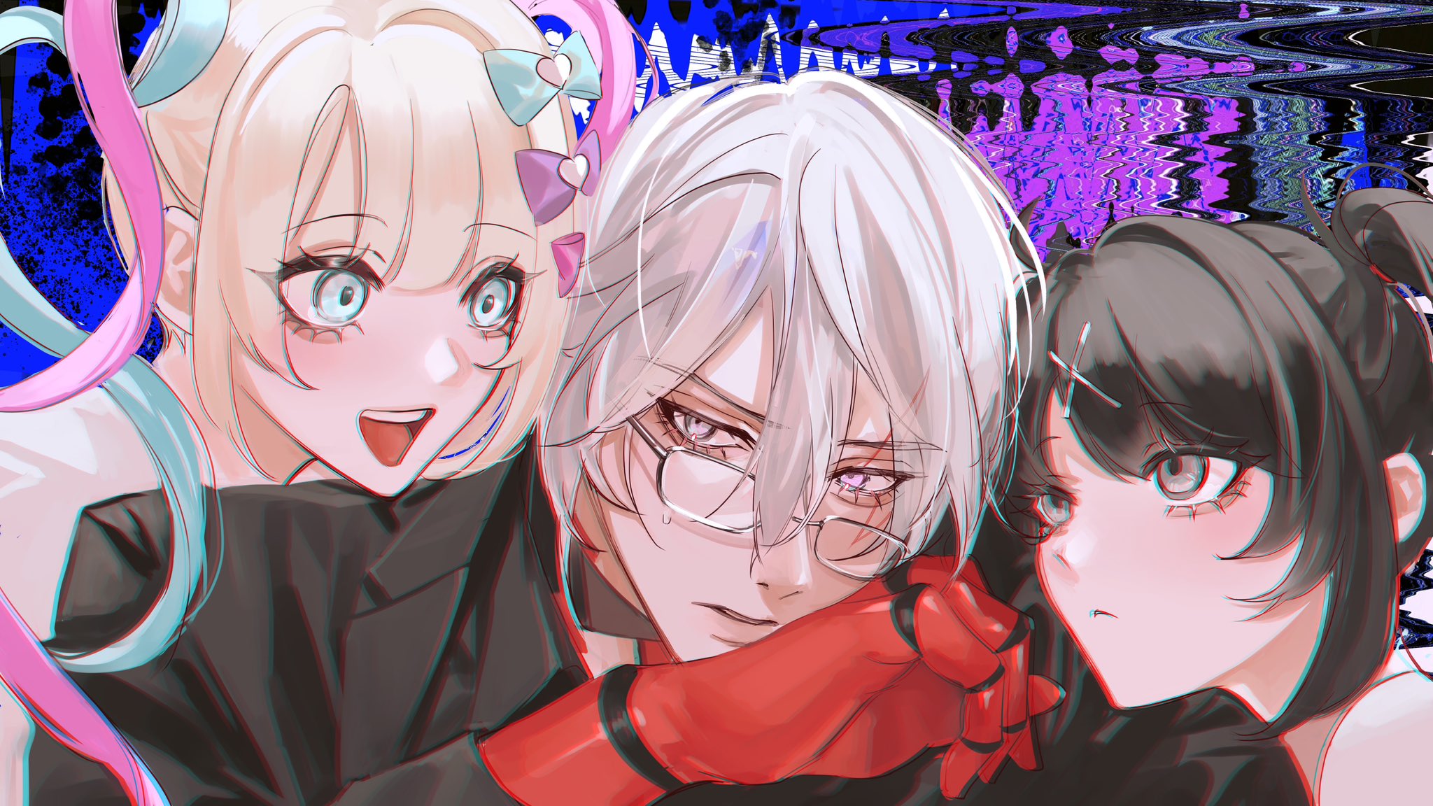 this is a digital illustration of three anime characters. two girls and a boy are posing close together. they all have distinct hair colors and styles. the boy is wearing glasses and is looking down. the girls both have a playful expression on their faces. the background of the image is a blurred abstract pattern in shades of blue and purple.