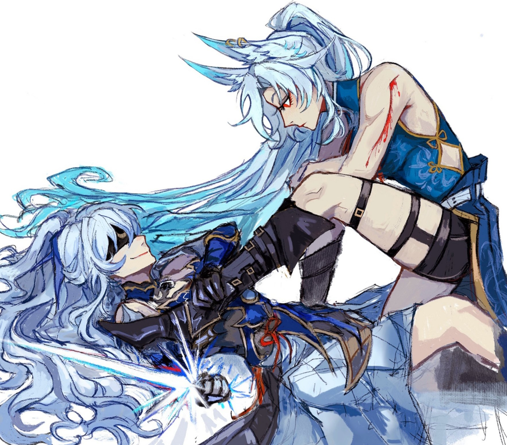 he image depicts a dynamic and actionpacked scene of two animestyle girls engaged in a fierce battle.  one girl, with long flowing white hair styled in a ponytail and adorned with what seems to be a pair of stylized fox ears, is positioned atop the other.  she wears a blue and gold chineseinspired sleeveless top and dark leggings with buckles.  she appears to be delivering a powerful blow or attack. the other girl, also with long blue hair, is lying partially on the ground,  wearing darker clothing and appearing to be defending herself or being subdued. a glowing blue sword is partially visible near her hand, possibly indicating a magical or energybased weapon. the scene is violent and dramatic, with hints of injury (blood) on the standing girl's arm and suggestive of a intense struggle between the two combatants. the art style is expressive and loose, characteristic of fanart or illustration. the overall color palette is dominated by shades of blue and white, further enhancing the fantasy and magical aspects.