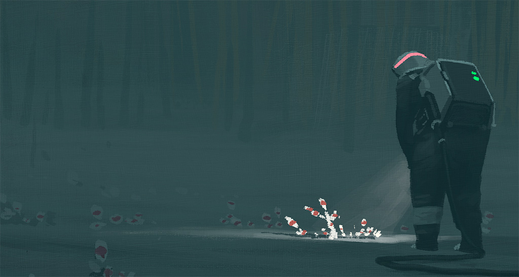 a lone astronaut in a dark forest at night. the astronaut is wearing a space suit and has a backpack. they are standing in the middle of the forest, looking at something in the distance. there are many red and white glowing plants in the distance, and a slight fog in the air. the overall tone is mysterious and eerie, with a feeling of alien life.