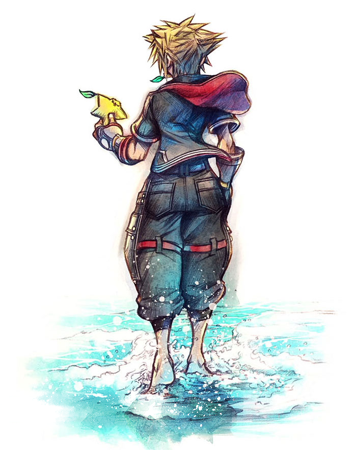 this is an illustration of the video game character sora from kingdom hearts. he is a young man with spiky blonde hair. he is shown from behind, walking barefoot in shallow ocean water at the beach. he wears a black and blue outfit and holds a yellow, starshaped paopu fruit in his left hand. the style of the illustration is reminiscent of concept art, with visible pencil lines and watercolor textures. the color palette is bright and airy, with cool blues and greens dominating the scene. the backlight creates a sense of hope and adventure.
