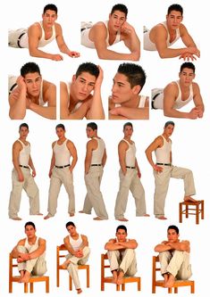a collage featuring a young adult asian male model in various poses. he is dressed in casual attire, primarily a white tank top and khaki pants. the background is consistently white, indicating a studio setting. the images showcase different angles, positions, and expressions, offering a comprehensive view of the model's physique and posing abilities. some photos include props like chairs and stools. the lighting appears to be professionally done studio lighting.