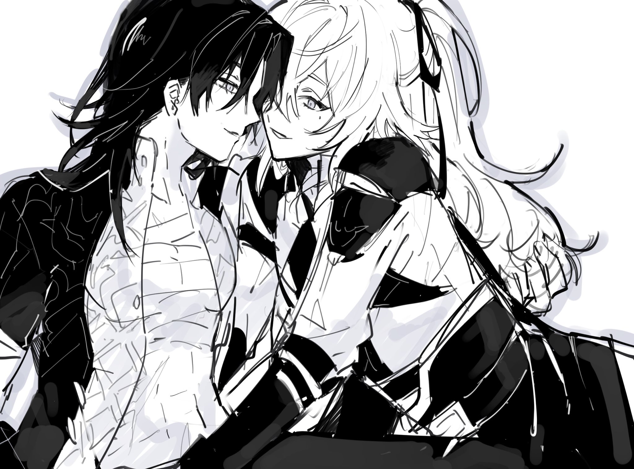 a black and white illustration of an anime couple cuddling. the male character is on the left with his arm wrapped around the female character. the female character is leaning into him, her arm around his back, and her head resting on his shoulder. they are both looking at each other with loving eyes. the image is drawn in a very detailed and expressive style.