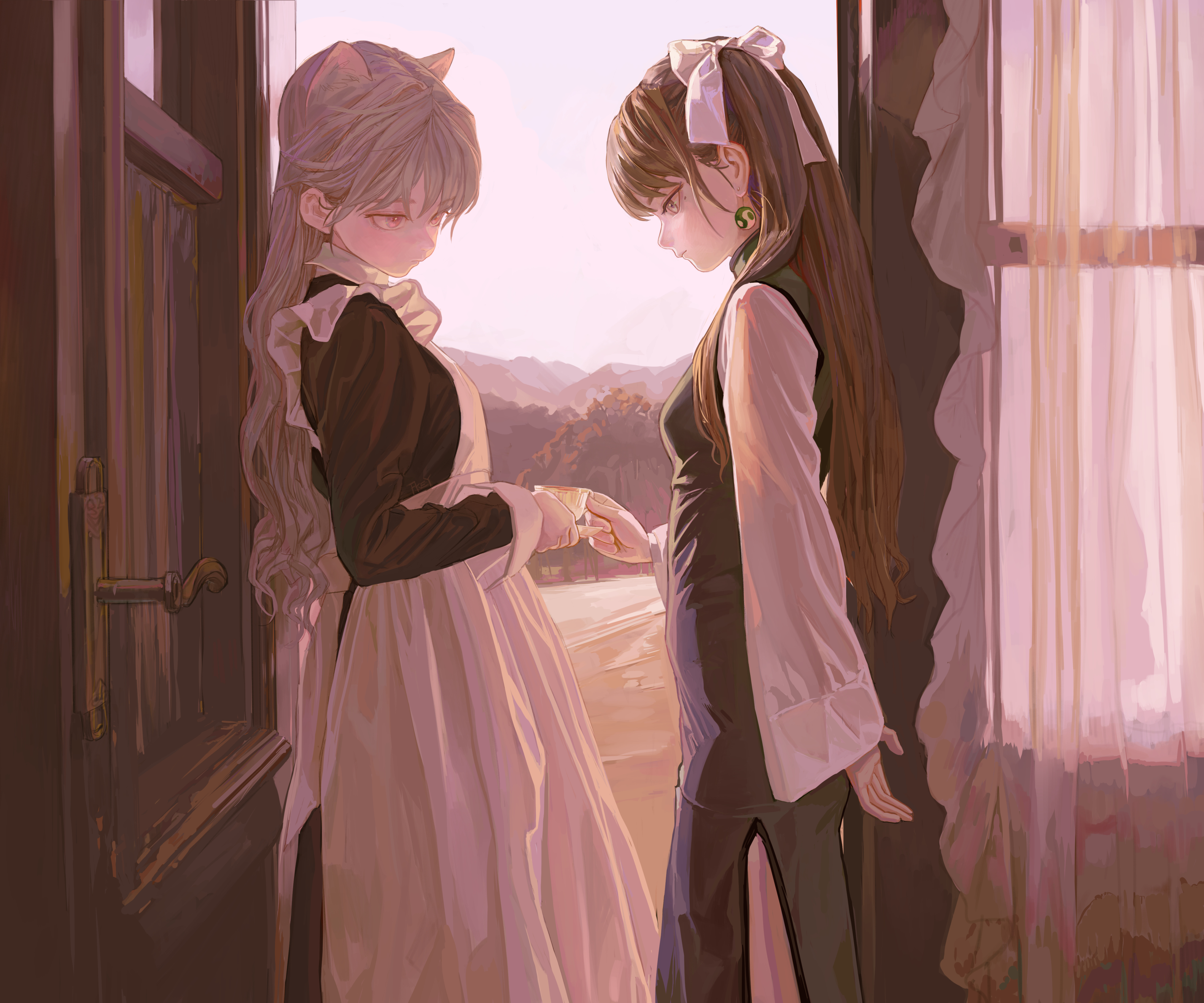 two animestyle girls stand near a window overlooking a landscape. one girl is dressed as a maid, complete with cat ears and a long dress. the other girl wears a long dress with long sleeves and has a ribbon in her hair. they are holding hands.