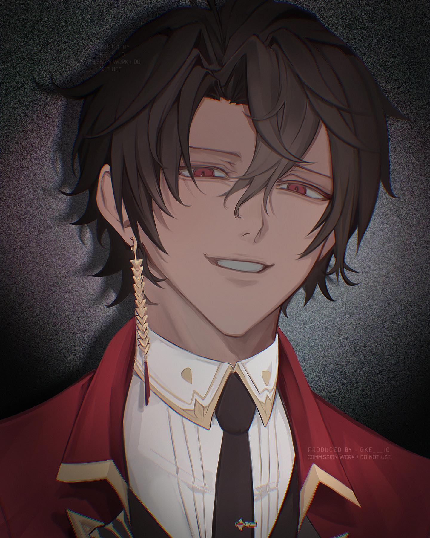 the image shows a closeup illustration of a male character with dark brown hair and striking red eyes. he has a confident smirk on his face and wears a red and white collared outfit with gold accents. he also has a long, dangling earring. the background is a dark gray.