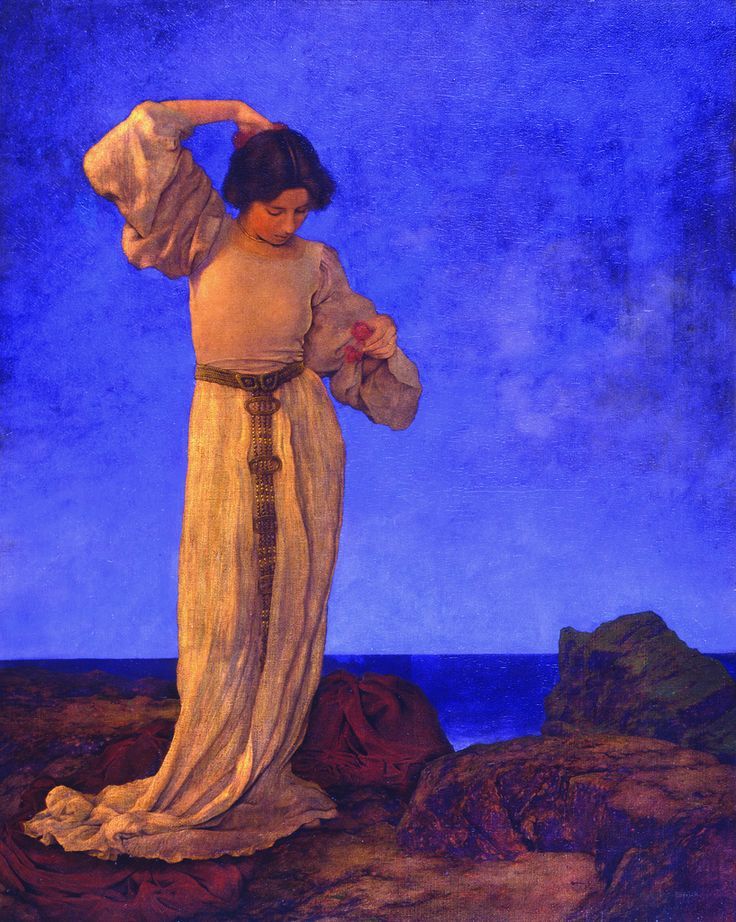 a woman in a long white dress, stands on the edge of a rocky cliff. the sky is a deep blue with some clouds. the sea is a dark blue in the distance, and the sun is setting. the woman is holding her hand to her chest, as if she is thinking about something. the scene is romantic and peaceful, evoking a sense of calm and reflection.