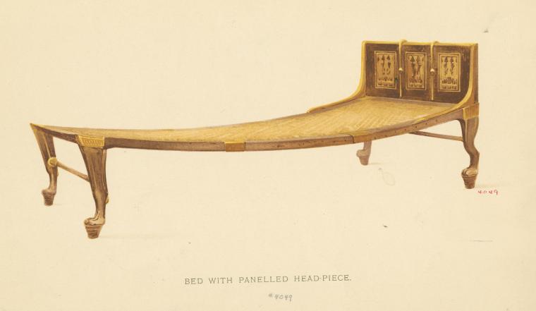 the image depicts a drawing of a bed with a panelled headpiece. the bed appears to be ancient and of egyptian origin, given its design and decorative motifs. it has a raised, curved frame with a woven mat as the sleeping surface. the headpiece consists of three vertical panels, each adorned with what seem to be hieroglyphic or symbolic illustrations. the legs are curved and ornate, ending in pawlike feet. the drawing is simple and lacks color, suggesting it may be an illustration from a historical or archaeological document.