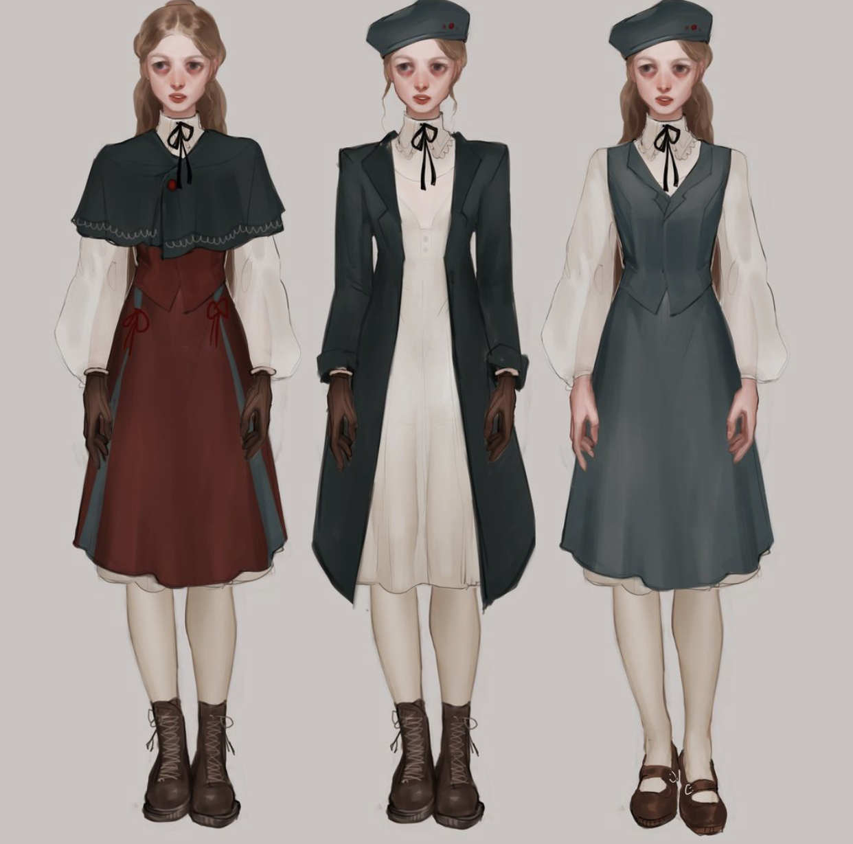 the image shows three variations of a school uniform outfit on the same female character. each outfit includes a white highcollared shirt, a kneelength skirt, and either a cape, a long coat, or a vest. all three outfits are accessorized with a matching beret, gloves, and leather shoes. the color palettes for the outfits are burgundy and black, teal and black, and black and white.