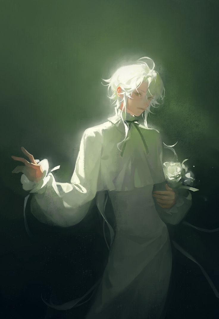 the image is a digital painting or illustration of an animestyle female character. she has long, flowing white hair and is wearing a long, lightcolored, almost ethereal,  dress. the dress has flowing sleeves and a slightly ruffled collar. she holds a small bouquet of white flowers.  the background is a dark, muted green, which contrasts with the pale colors of the character and her dress, creating an ethereal and atmospheric effect. the lighting is soft and subtle, highlighting the character's features and the folds of her clothing. the overall mood is serene yet slightly melancholic, suggestive of a pensive or even slightly sad emotion. the art style is stylized and painterly, prioritizing mood and atmosphere over sharp details.