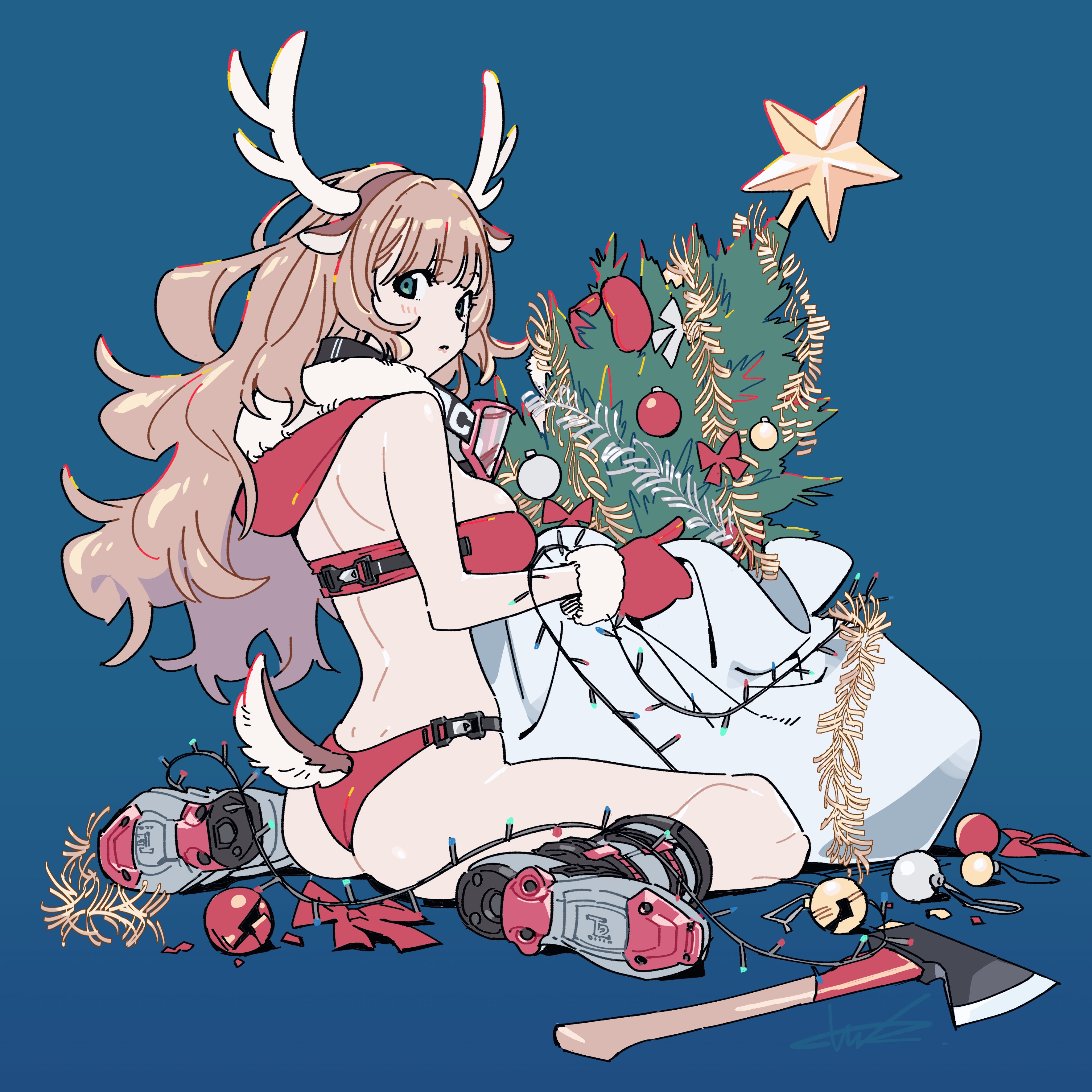 he illustration showcases an animestyle girl with reindeer antlers, dressed in a christmasthemed bikini and santainspired top. she's sitting and appears to be decorating or arranging a small christmas tree and presents.  she's wearing ski boots, and there's an axe lying on the ground near her. the overall style is vibrant and playful, with a focus on cute character design and festive elements.  the background is a solid blue.