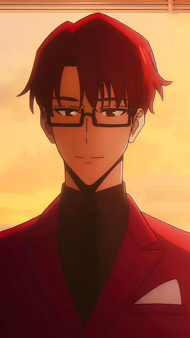 a closeup portrait of an anime man with short red hair and glasses. he is wearing a red suit jacket over a black turtleneck and has a confident, almost smug expression. the warm lighting suggests a sunset outside the window behind him.