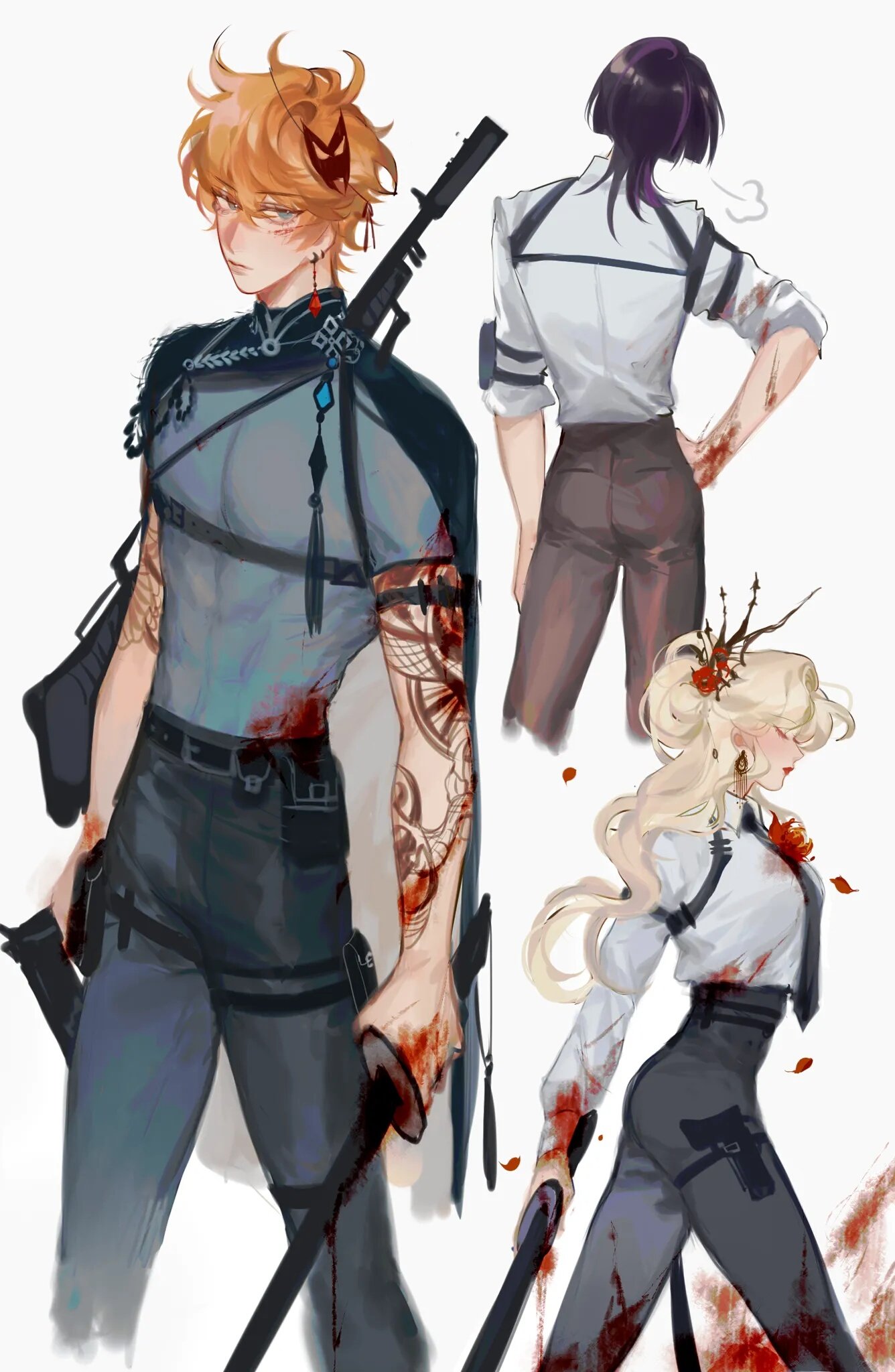 he image contains digital artwork depicting three animestyle characters, possibly in a postbattle scenario.  two males and one female are shown, each bearing wounds and covered in blood. the male in the foreground has orange hair and tattoos; he holds a rifle and a sword.  behind him is a male character with black hair in a business casual outfit, his back to the viewer, also bloody. to the right and slightly behind the first male is a blonde female character in a similar but more tactical outfit, holding a sword and also injured. the overall style is stylized and painterly, and the characters' expressions and poses convey a sense of intense action or a recent violent struggle.