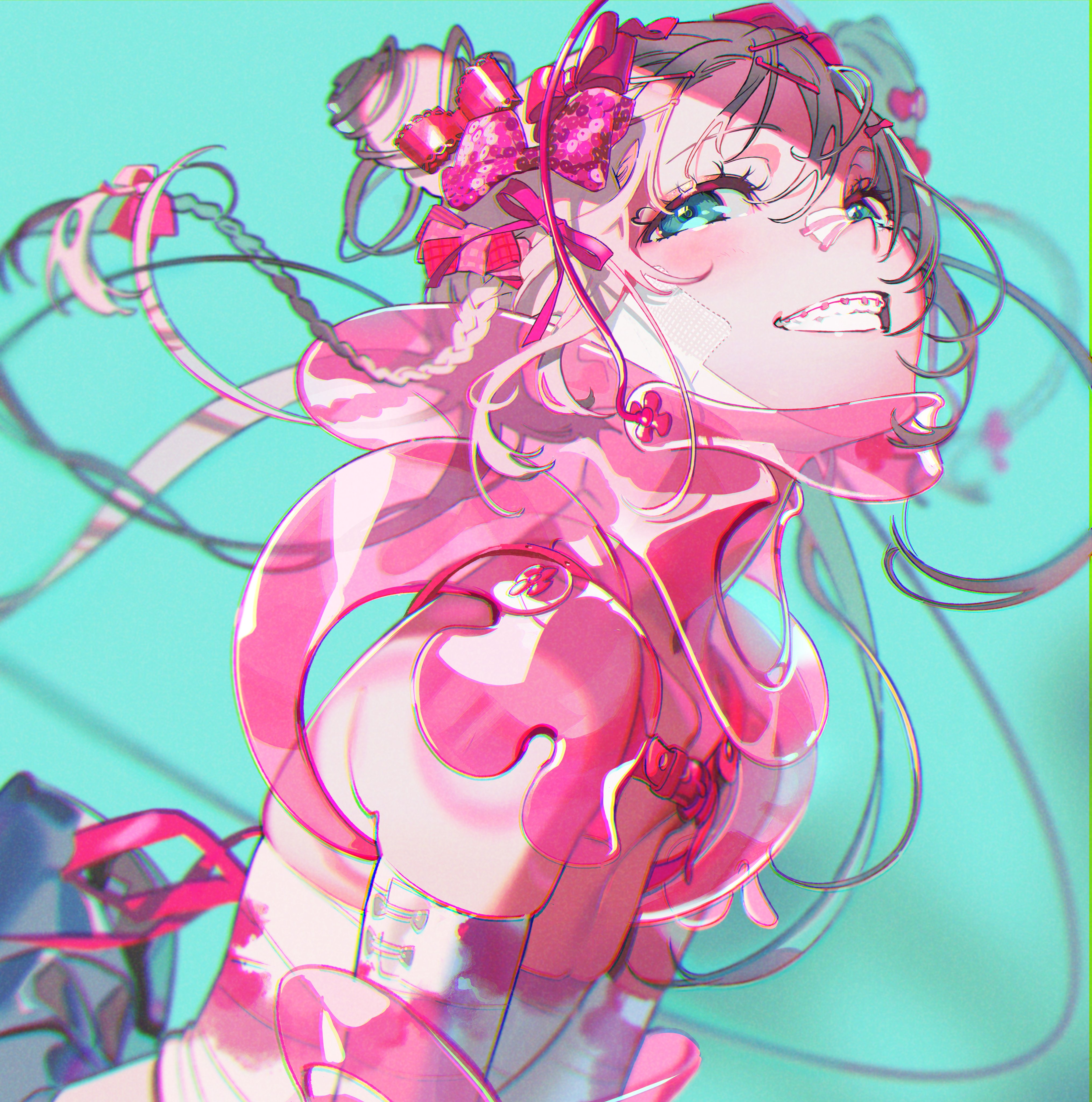 an anime girl with pink hair and blue eyes is smiling brightly. she is wearing a pink dress and has a pink bow in her hair. the background is a light blue.