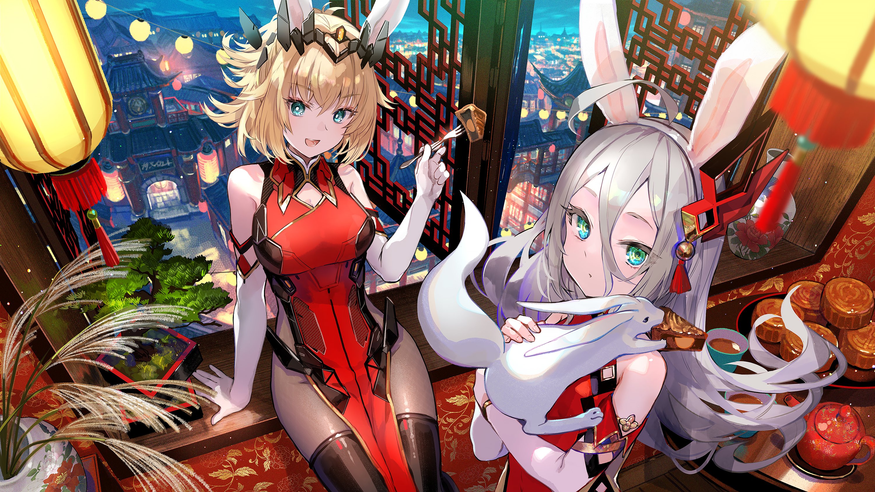 the image is a digital illustration featuring two anime girls in a setting reminiscent of a chinese midautumn festival. one girl has blonde hair and wears a red and black outfit with bunny ears, while the other has long silver hair and a similar red and white outfit with bunny ears. they are sitting in a window overlooking a nighttime city decorated with lanterns. there are mooncakes and tea on the windowsill, suggesting the celebration of the midautumn festival. the style is vibrant and detailed, with a focus on the characters' expressions and outfits. the background showcases a charming night cityscape with chinese architecture and traditional lanterns hanging. the overall mood is festive and cheerful.