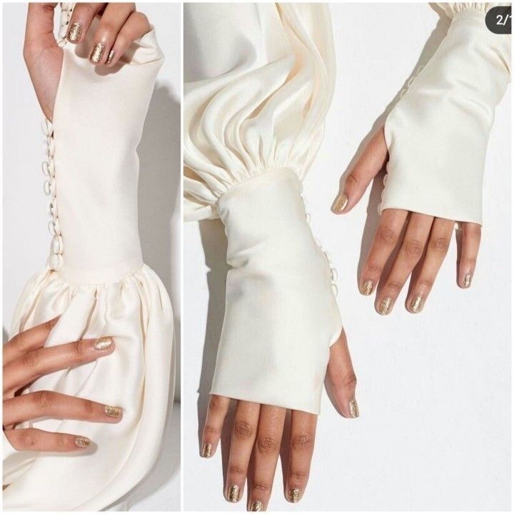 the image shows three different designs for sleeves in white fabric, likely a shirt or dress. the first image features a long sleeve with a series of buttons running along the forearm and a gathered, frilly wrist. the second image focuses on a sleeve with a gathered wrist. the third image showcases a design that covers part of the hand but leaves the fingers exposed, also with buttons. all three designs are worn on hands with gold nail polish.