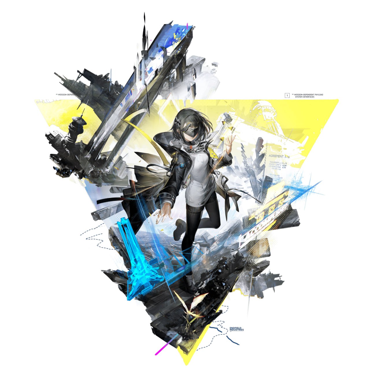 he image is a vibrant and dynamic illustration featuring an animestyle female character at its center.  she's depicted in a poised yet actionoriented pose, dressed in a futuristic, almost cyberpunkinspired outfit.  the character is surrounded by a chaotic yet artistically arranged collage of mecha elements, including parts of spaceships and futuristic vehicles.  the background and elements are rendered in shades of yellow, black, blue, and grey, creating a stark contrast and emphasizing the character.  the overall style is a blend of abstract and realistic elements, hinting at a scifi or dystopian setting. the composition uses a triangular form to frame the subject and her surroundings. the image appears to be a piece of promotional artwork for a video game or anime series.