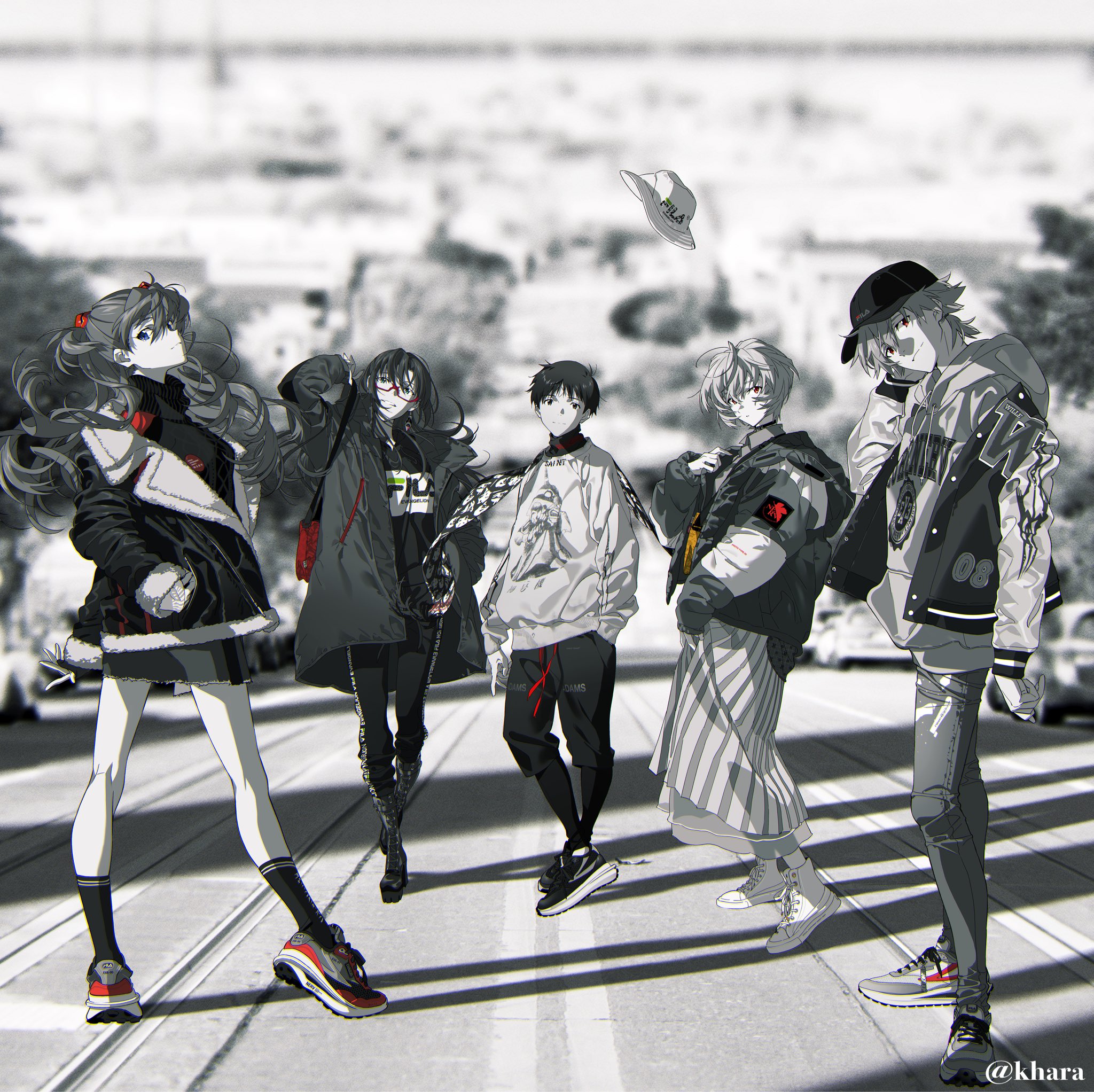 a stylized grayscale illustration of six anime characters, likely inspired by the series neon genesis evangelion, posing on a city street.  the characters wear trendy, edgy streetwear, with pops of red accenting their primarily black and white outfits. they stand on a crosswalk, with the cityscape blurred in the background, emphasizing their presence. the highcontrast lighting and eyelevel perspective create a cool and dynamic atmosphere.
