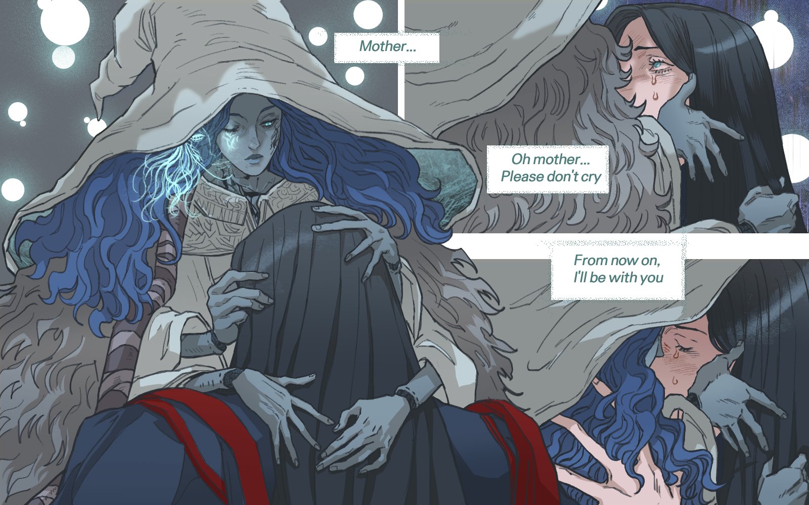 the image is a comic panel featuring characters from the video game elden ring. it depicts ranni, a character with blue hair and a distinctive witch's hat, embracing another figure draped in dark fabric, possibly melina or renna. speech bubbles indicate emotional dialogue, with lines like "mother..." and "oh mother... please don't cry," suggesting a tender or sorrowful moment between the characters. another speech bubble reads "from now on, i'll be with you", suggesting devotion. one of the figures is crying, adding to the emotional tone of the scene.