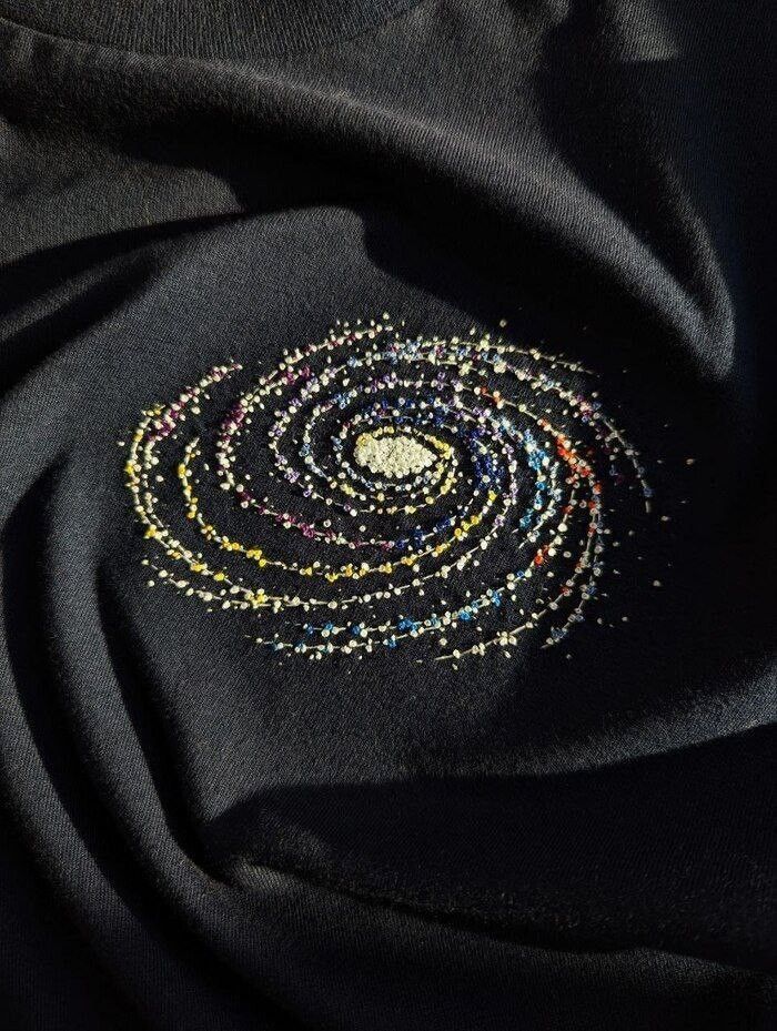 a closeup image of a black shirt or piece of cloth with an embroidered spiral galaxy design. the galaxy is made up of colorful dots and small beads, creating a glittering effect. the fabric is draped and has some shadows, suggesting a soft, textured material.