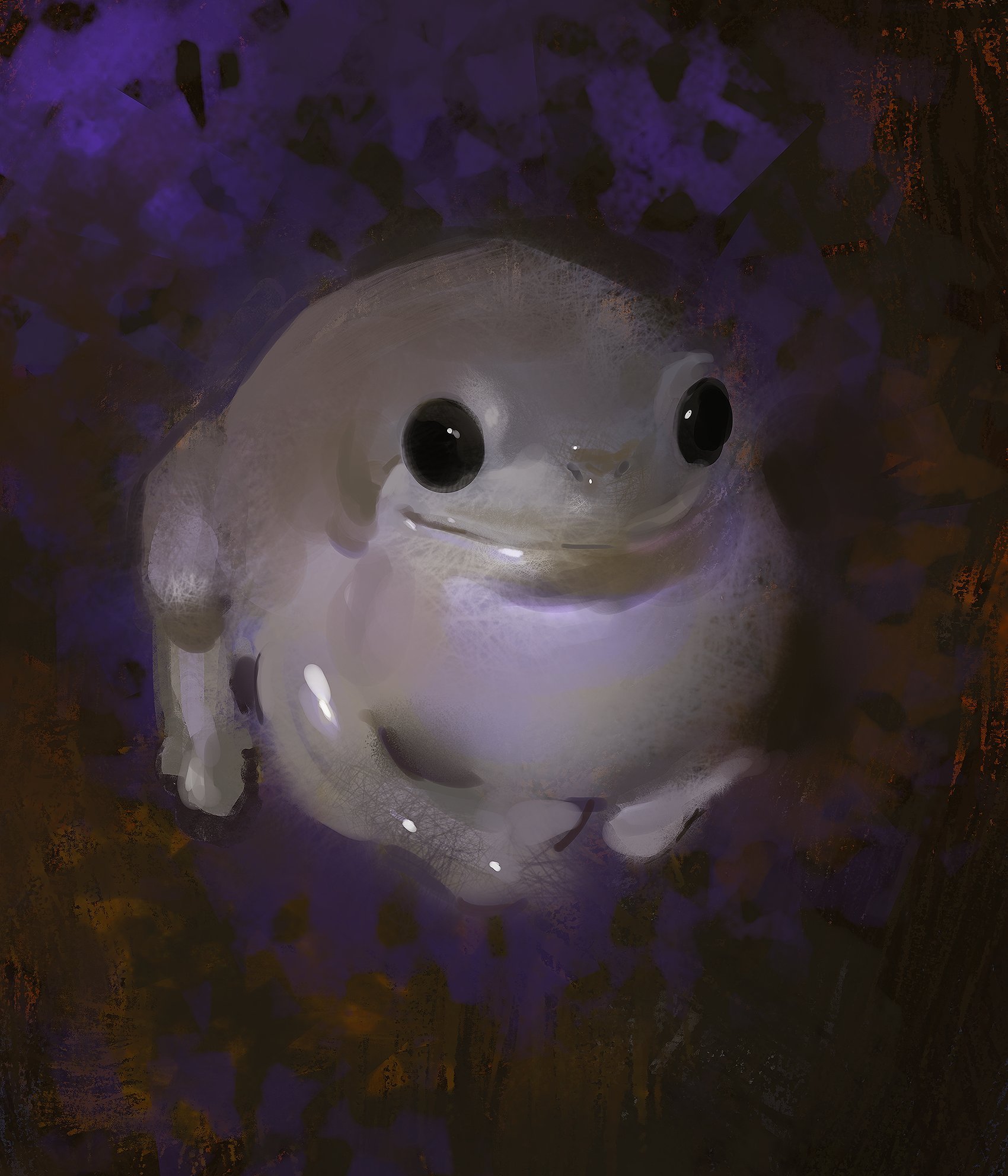 a white tree frog is perched on a dark, textured background. the frog's eyes are wide and staring directly at the camera. its skin is smooth and white, with a slight purple hue. the frog's mouth is closed, and its body is slightly hunched over. the background is dark and blurry, and the frog is the only subject in focus. the image is likely a photograph, as the colors are vibrant and the detail is sharp. the overall feeling of the image is calm and peaceful.