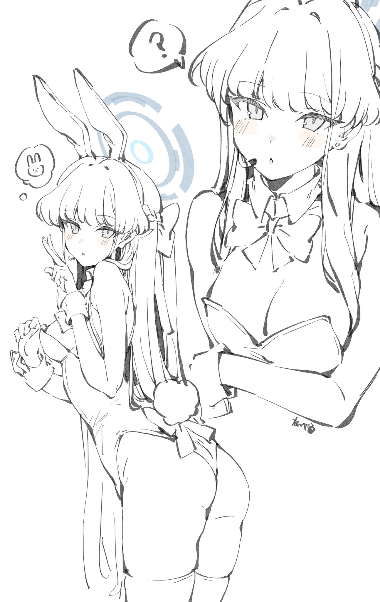 he image is a black and white sketch of two anime girls. one girl is wearing a bunny girl costume with long hair and bunny ears. she appears to be holding something small in her hands. the other girl is standing beside her also wearing a bunny girl costume. she appears to be looking at the first girl with a slightly confused expression. there is a question mark thought bubble above her head. the art style is loose and sketchy, typical of manga.