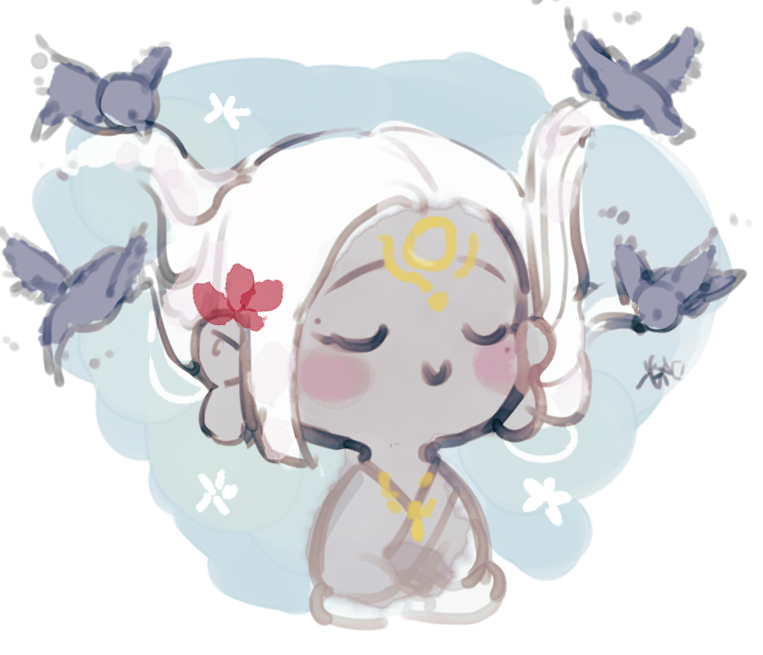 the image showcases a chibistyle character drawn with soft lines and a muted color palette. the character, seemingly female with white hair adorned with a single red flower, is depicted with closed eyes and a peaceful expression. she is surrounded by small, stylized birds in flight, enhancing the sense of serenity. the background consists of pale blue clouds, further emphasizing the tranquil atmosphere.