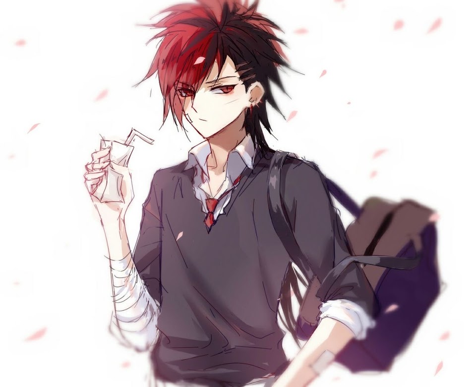 the image features an anime boy with red and black hair, wearing a black sweater and a tie, holding a juice box with a straw. he has a bandage on his arm and is wearing a backpack. the background is white with pink petals falling.