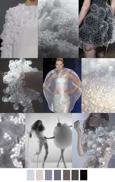 the collage features nine images of models wearing different outfits made of white and silver bubbles. the images are arranged in a grid, and each image is a different shade of grey. the overall effect is one of ethereal beauty and elegance. the models are all wearing different styles of clothing, but they all share a common theme of being light and airy. the bubbles are reminiscent of clouds, and they create a sense of weightlessness and freedom. the image is a celebration of femininity and creativity. it is a beautiful example of how fashion can be used to express art.