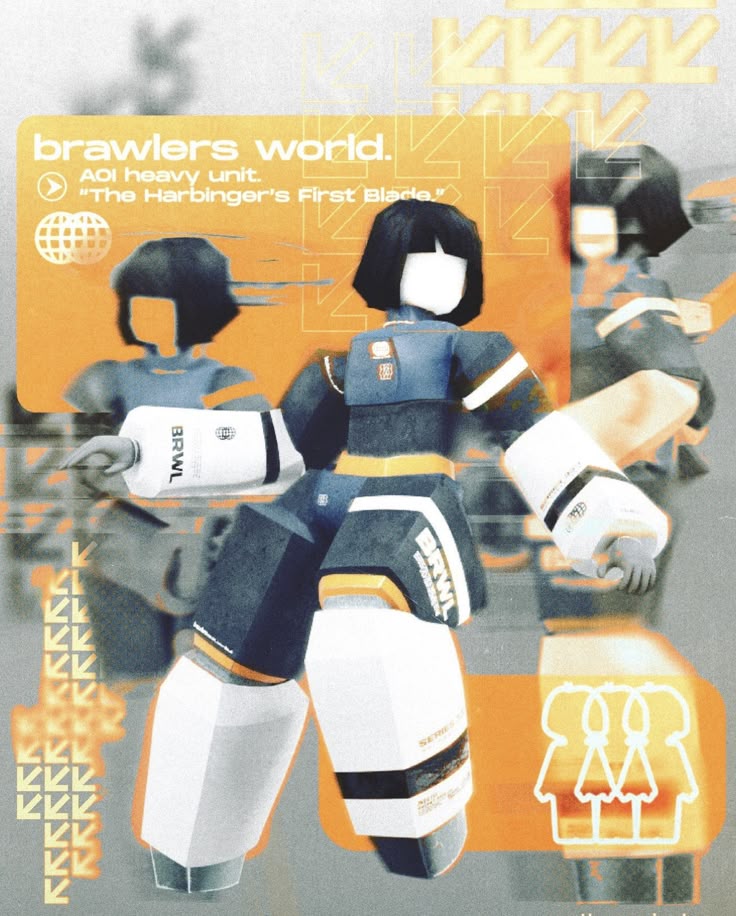 the image features a stylized depiction of a robot character with blocky, geometric features, possibly from a game or animation titled "brawlers world." the robot is presented in a dynamic stance, with prominent white arms and legs labeled "brwl." behind the main figure, two faded versions of the same character are visible. text elements include the name "brawlers world," the specification "aoi heavy unit," and the title "the harbinger's first blade." the overall design is modern and somewhat futuristic, with a color palette dominated by orange, white, and black, and the use of repetitive arrowlike shapes.