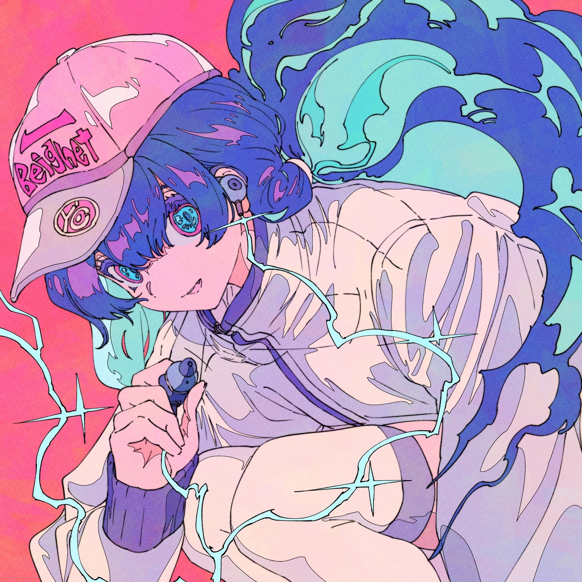 the image is a vibrant digital illustration of an animestyle girl. she has bright blue hair, a pink baseball cap with stylized text reading "rebel," and is wearing a loosefitting, lightcolored jacket. she's holding a small object in her hand, possibly an electronic device, and appears to be wearing headphones. her hair flows dynamically, incorporating abstract, almost electriclooking blue and teal elements. the background is a contrasting pinkishred, and the overall style is energetic and trendy, blending streetwear fashion with elements of manga and graffiti art.  the lines are bold and the colors are heavily saturated yet have a pastellike quality. the overall impression is one of youth, energy, and a slightly rebellious attitude.