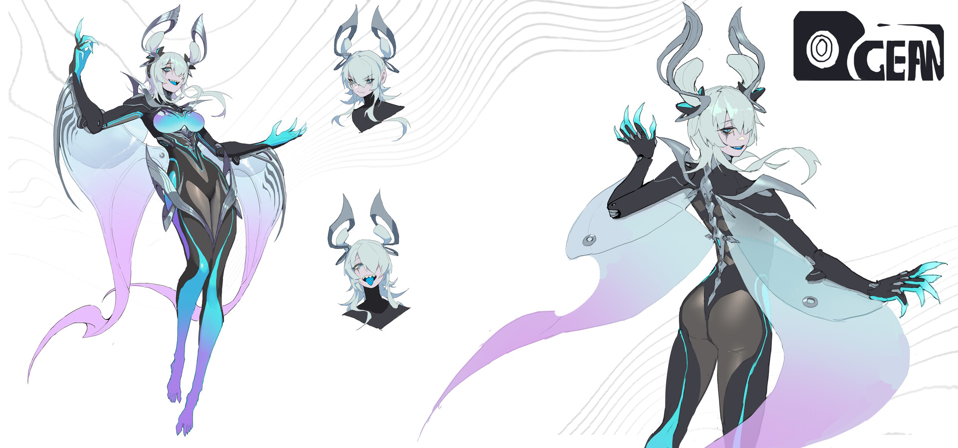 the image is a character design sheet featuring a fantasy anime girl. she has a futuristic, scifi aesthetic with a mothinspired design. she has silverwhite hair, pale skin, and sharp teeth. she wears a tightfitting black suit with blue and silver accents. she also has large, mothlike wings that fade from white to light purple. her hands are clawed and glow with blue energy. above her head, she has two decorative metal horns. the design sheet includes multiple poses and closeups of the character, and the ocean brand logo is visible in the upper right corner.
