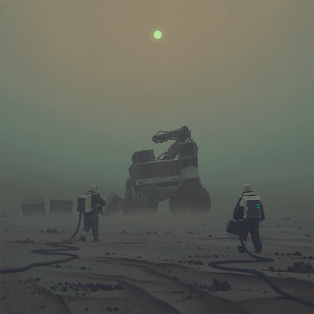 two astronauts, one carrying a briefcase, are walking across a dusty, barren desert landscape. a large, futuristic vehicle, possibly a rover, stands in the distance. the sky is foggy and a single, small, green sun is visible.  the scene is suggestive of space exploration and a desolate, alien world.