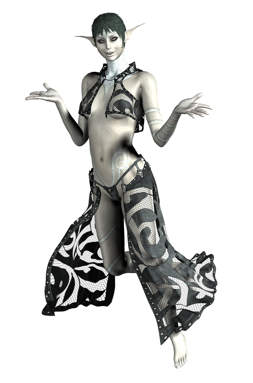 a 3d rendered digital art piece depicts a pale elf woman against a black background. she has pointed ears, short hair, and is wearing patterned, translucent clothing. her arms are raised with open hands. the overall impression is one of fantasy and digital artistry.