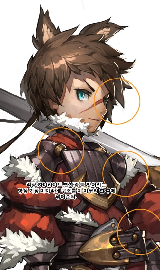 this is an animestyle illustration of a girl warrior in a red coat and a sword. she has wolf ears and blue eyes. she is wearing a gold and black armor.  the illustration is done in a digital art style. the background is white.