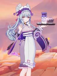 a full shot of an anime girl in a yae miko inspired outfit. she has white hair, pink eyes, and cat ears with purple accents. she is wearing a purple and white kimonolike dress and holding a serving tray with a drink and a dessert on it. the background is a stylized landscape with a pink and orange color scheme.