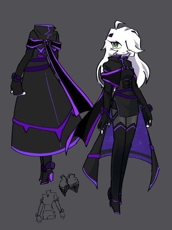 a digital illustration showcasing a character design concept. the female character sports a black and purple themed outfit with a long coat, a dress, gloves, and thighhigh boots. the image presents both front and side views of the character and her attire. there are also smaller sketches showcasing potential shoulder pad designs.