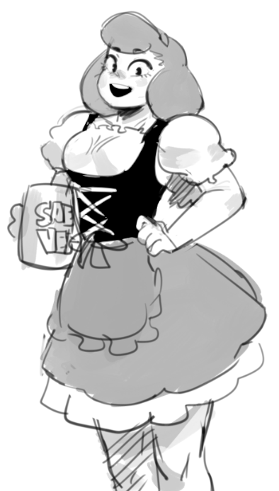 this is a black and white cartoon style drawing of a young woman dressed in a white dress with a black corset and a black and white skirt. she is smiling and holding a stein of beer. she is looking to the right.