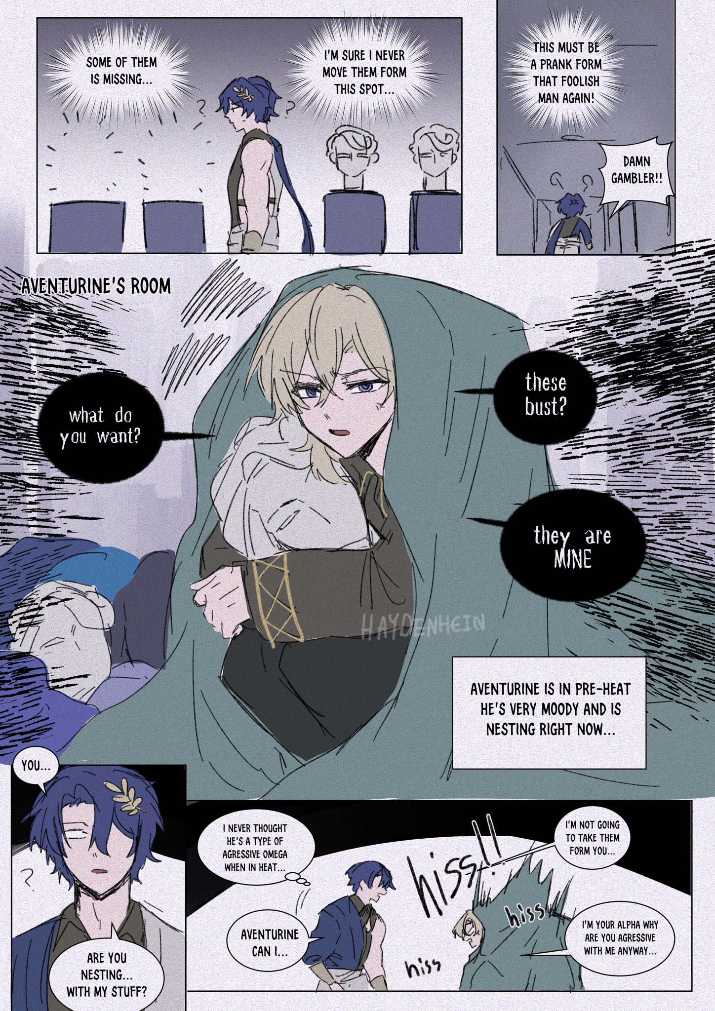 the comic is about a male omega called aventure who is in preheat. he is moody and nesting with his stuff, while his alpha is angry with him for being aggressive. the alpha is jealous and asks the omega why he is being aggressive. the omega is blushing and is shown to be nesting with his bust.