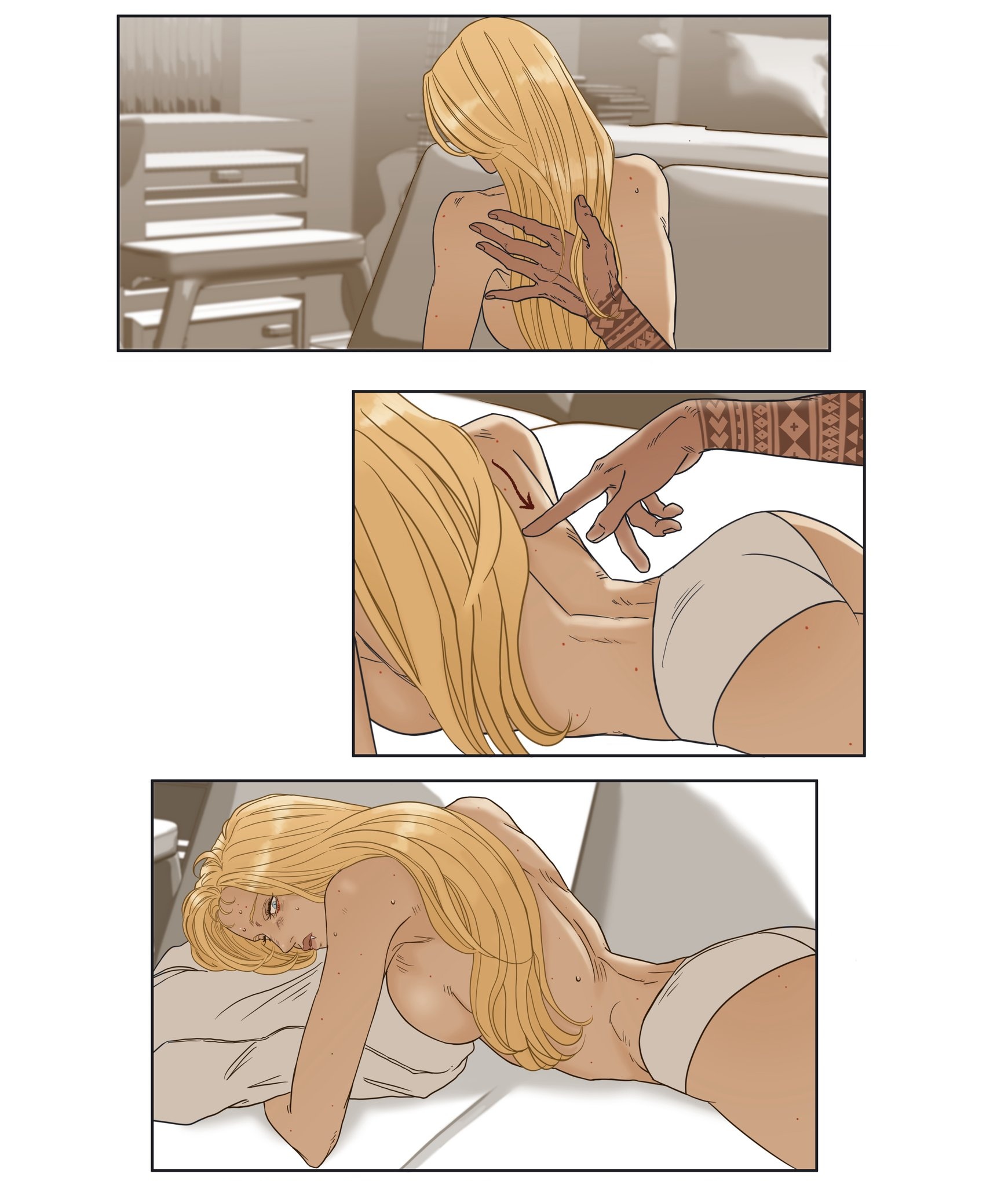 the image is a three panel comic strip. the first panel shows a blonde woman sitting up on a bed, facing away from the viewer, as a hand with tribal tattoos touches her shoulder. the second panel shows the woman laying on her stomach with a tattooed hand touching her back. she is only wearing underwear. the third panel shows her laying on her side on a pillow on a bed, only wearing underwear.