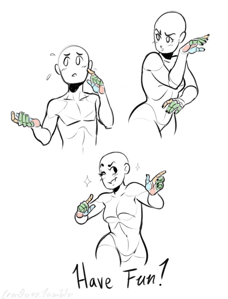 this is a drawing tutorial of three people with different poses and hand gestures, with the words "have fun!" written at the bottom. each of the figures is in a different pose with various hand gestures. the drawings are simple but wellproportioned and clear.