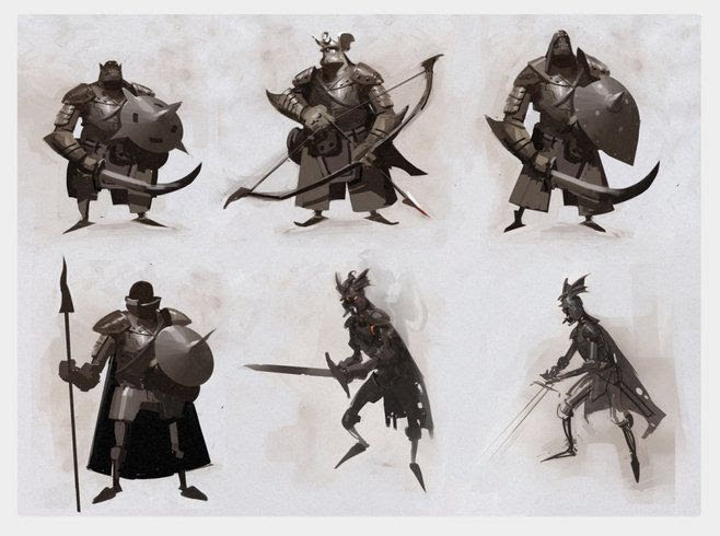 this image is a collection of sketches of various fantasy characters, all dressed in armor and wielding weapons. there are a few different character types: an archer holding a bow and arrow, a spearman, and a swordsman. each character is sketched in a simple, but expressive style. the characters are all portrayed in different poses.