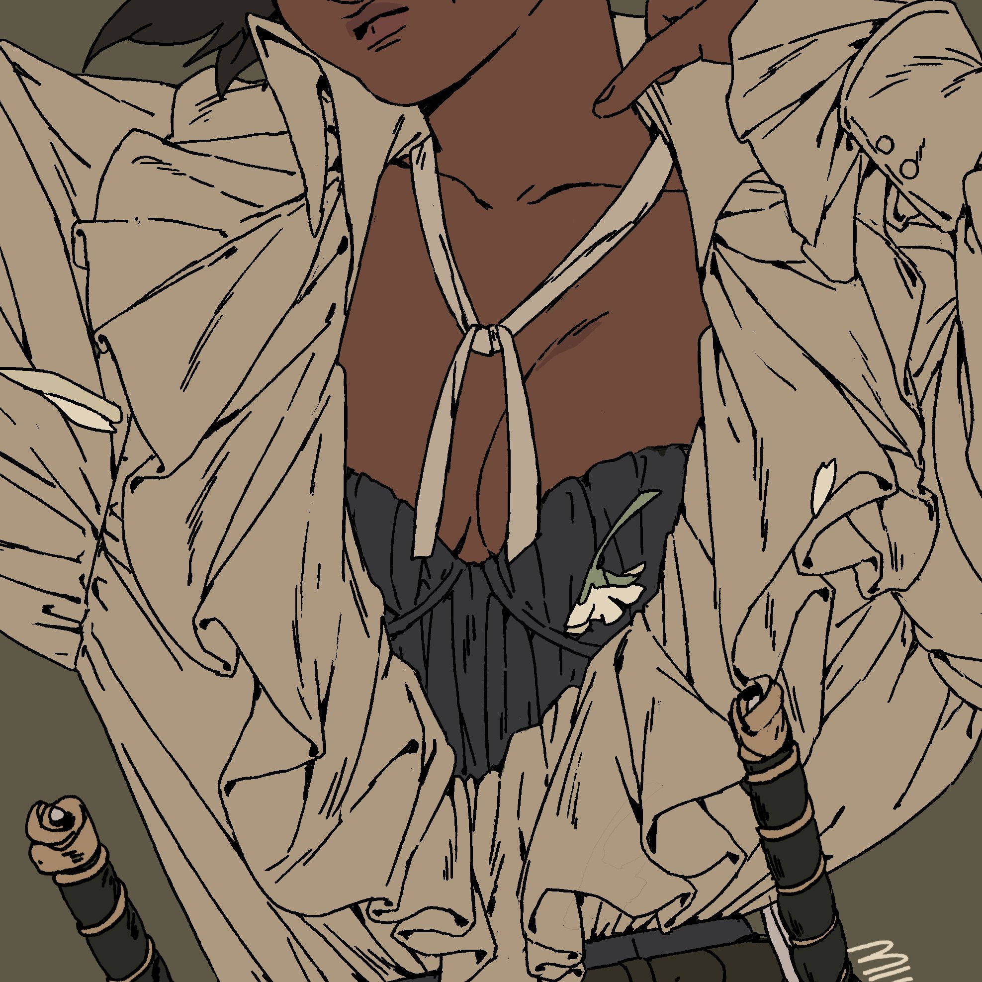 this image is a detailed illustration of a woman, drawn in an animeinspired style. she has dark skin, brown hair, and is wearing a white collared shirt with frills and a dark blue corset. her expression is confident, and she is holding her arm up with a hand near her face. the background is green, and she is wearing black pants and a belt. there are two swords, one on each side, appearing to be daggers tucked in her belt. the artwork has many intricate details, such as her facial features, her clothing, and the background. it is a beautiful and stylish illustration that captures the personality of the woman.