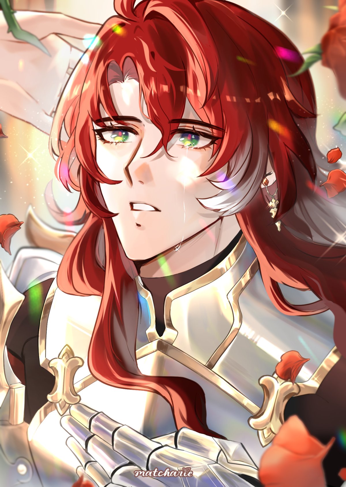 the image shows a young man with long, windswept red hair and white highlights. he is dressed in golden armor and looks sad, with tears streaming down his face. he is surrounded by falling flower petals. the artwork is done in a fantasy style and is quite detailed.