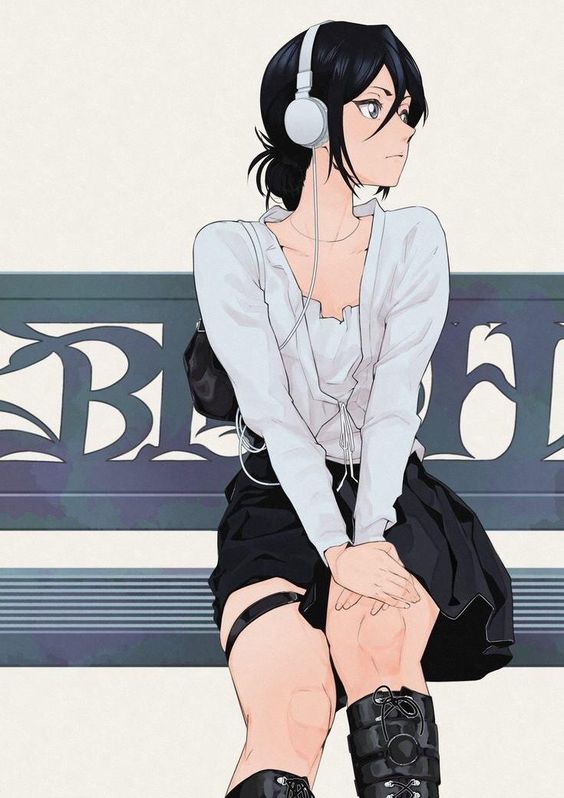 a digitally drawn illustration of an anime girl, in a white longsleeved shirt and black skirt, wearing headphones. the girl is sitting on a bench, with her legs crossed and her hands on her lap. she is looking to the right of the image.  the image is a closeup view of the girl from the waist up.  the background is a simple white and blue colour, and the bench is also a simple black colour.