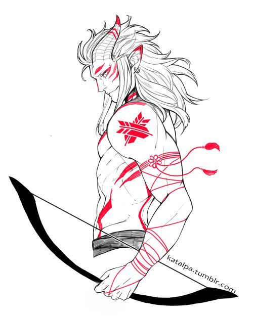 this is an illustration of a male anime character with a bow and arrow.  the character is drawn with a detailed black line and has red tattoos on his arms, horns, and body. the character's left arm is wrapped in string that is tied in knots. he is looking down toward the ground with his left hand on the bow and his right hand on the arrow. the bow is made of black line and has a white string. the background is white.