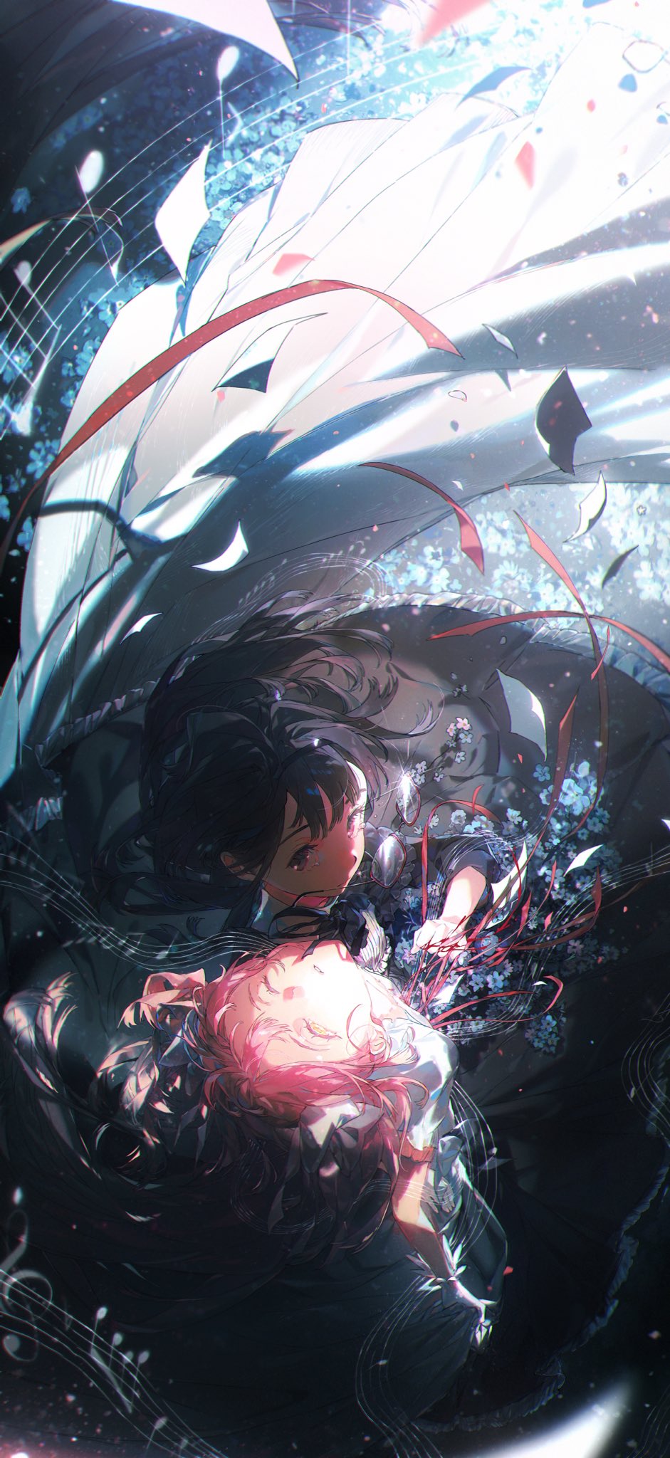 the image depicts two anime girls, one with black hair and the other with pink hair, floating in a dreamlike, ethereal atmosphere. the blackhaired girl is wearing a white dress with a red ribbon, and she is looking at the pinkhaired girl. the pinkhaired girl is looking down at the blackhaired girl. they are both holding hands and surrounded by musical notes. the background is dark and mysterious, creating a sense of fantasy and magic. the overall mood of the image is ethereal and romantic.