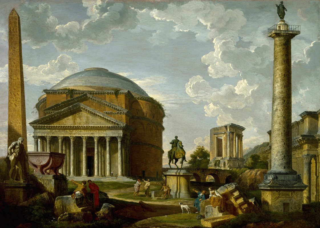 the image is a painting depicting a classical landscape featuring ancient roman monuments and ruins. the pantheon, with its distinctive dome and portico, is prominently displayed, alongside an obelisk and a tall column topped with a statue. various figures populate the scene, some gathered around ruins, others seemingly observing the architecture. the sky is filled with clouds, and the overall impression is one of historical grandeur and a romanticized view of the past. the work is typical of giovanni paolo panini's style, known for its representations of roman antiquities and urban scenes.