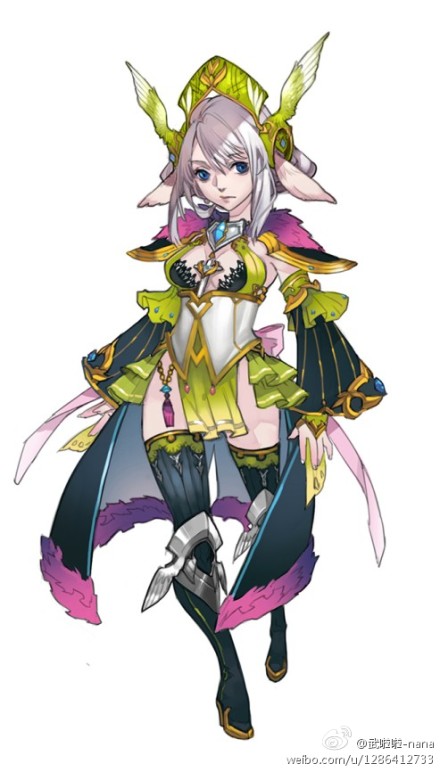 a colorful anime girl with large wings and a stylish outfit holding a sword. the girl's hair is white and her eyes are blue. the girl is wearing a green and pink outfit with black boots. she is holding a sword in her right hand and a staff in her left hand. she is wearing a hat on her head and a cloak around her shoulders. she is standing in a fighting stance, ready to attack.