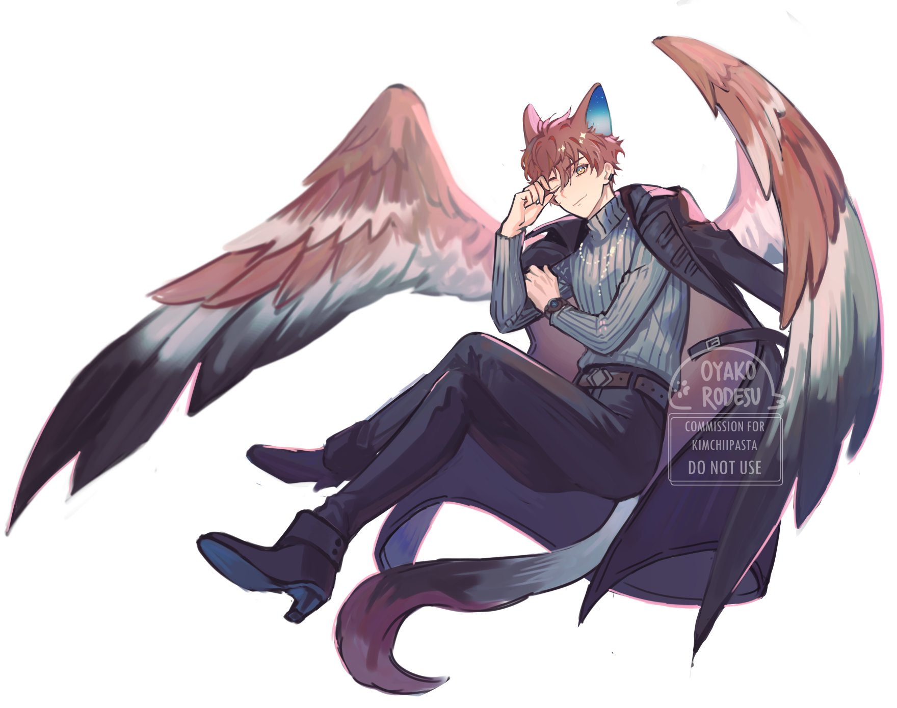 a digital painting of an anime boy with cat ears and wings. he is sitting with his legs crossed and his arms folded. his wings are a mix of brown, grey and black, and his clothing is a dark blue jacket, a light blue sweater, black pants, and black shoes. the background is white.